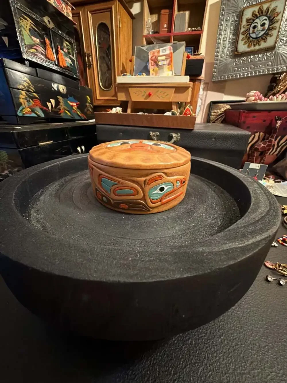 Vintage Native Style Hand Carved & Painted Trinket Box